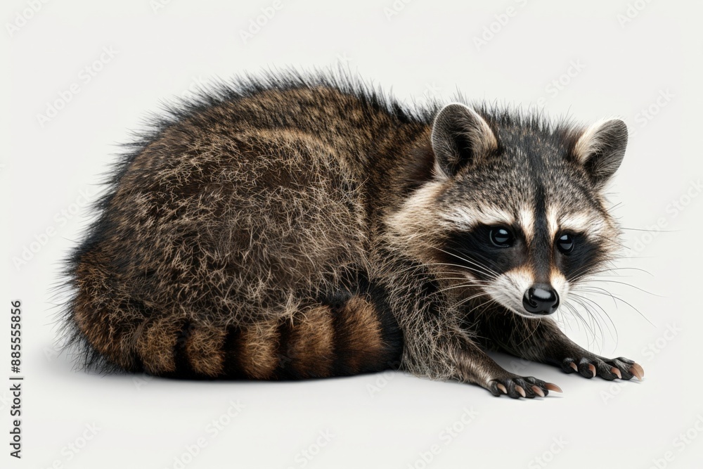 Fototapeta premium Adorable Fluffy Raccoon Resting in a Cozy Pose Isolated on White Background
