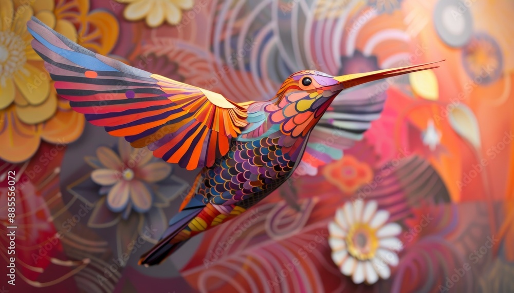 Artful paper bird with intricate decorative patterns, vivid hues, precision-cut shapes, against Artful paper bird with intricate decorative patterns, vivid hues, precision-cut shapes, against
