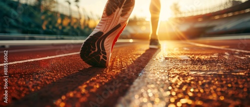 Athletic runner intensely prepares for competition in sunlit stadium, focus on motion blur around