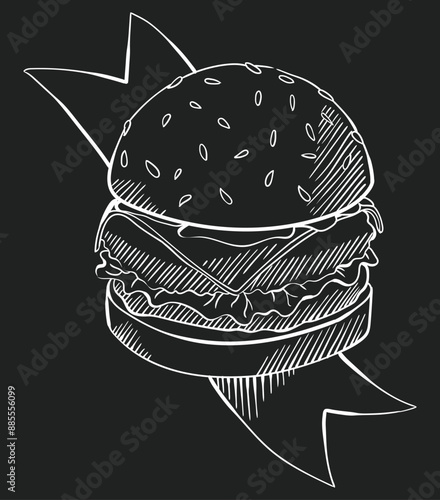 Cafe menu with food and drinks on chalkboard. Blackboard sketch of burger. Hand drawn vector design