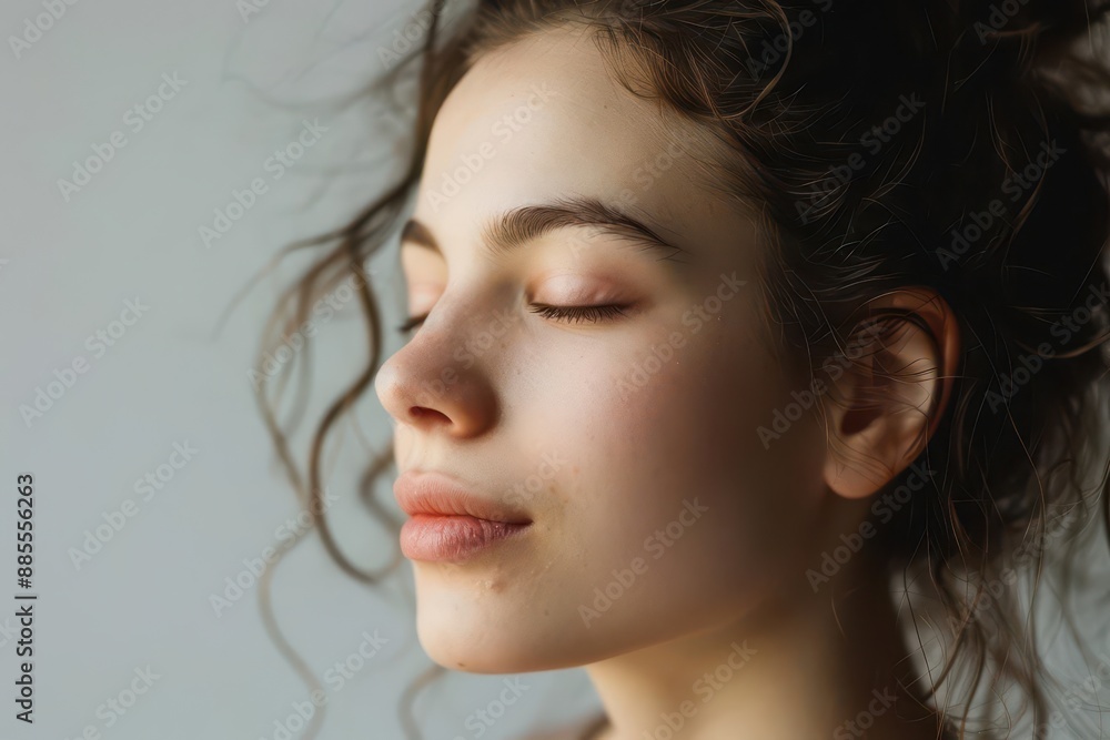 serene profile of meditation instructor eyes closed peaceful expression soft natural lighting minimalist zeninspired background serene profile of meditation instructor eyes closed peaceful expression soft natural lighting minimalist zeninspired background