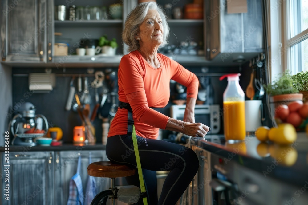 Energetic older woman exercises with resistance band at kitchen counter, demonstrating determination Energetic older woman exercises with resistance band at kitchen counter, demonstrating determination