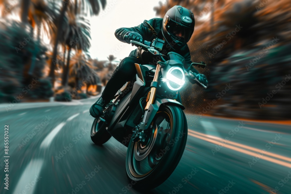 Dynamic Motorcyclist Speeding Through a Tropical Boulevard Dynamic Motorcyclist Speeding Through a Tropical Boulevard