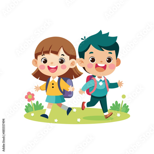 School kid going school happily