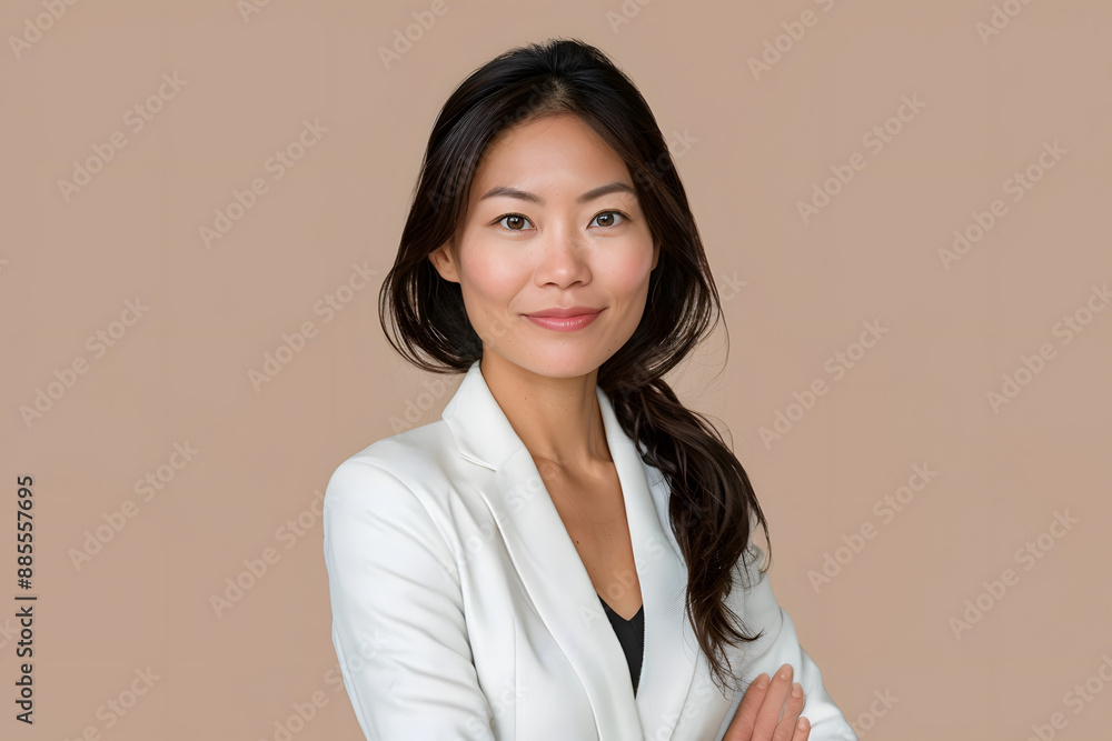 A middle-aged Asian woman dressed in business attire against a plain background A middle-aged Asian woman dressed in business attire against a plain background