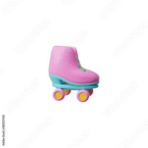 Vintage pink roller skate 3D plastic style vector icon, retro bright design from 90s cartoon street youth sport activity