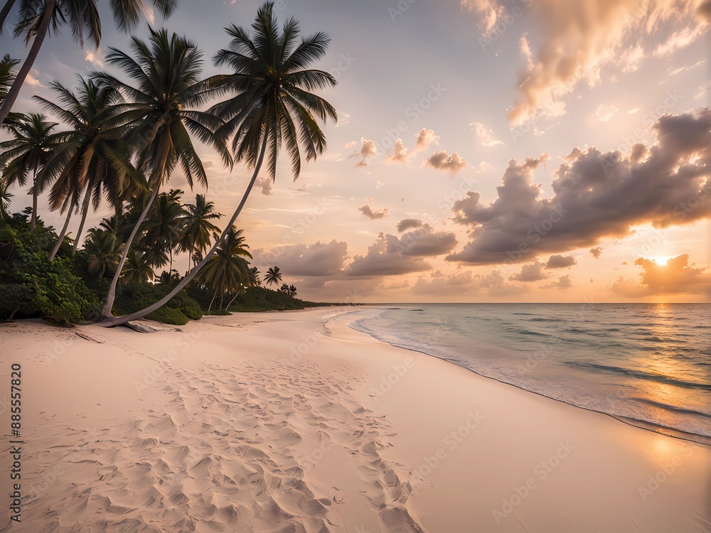 Fototapeta premium The view of sunset on a beautiful beach with white sand coloured by two waving coconut trees.