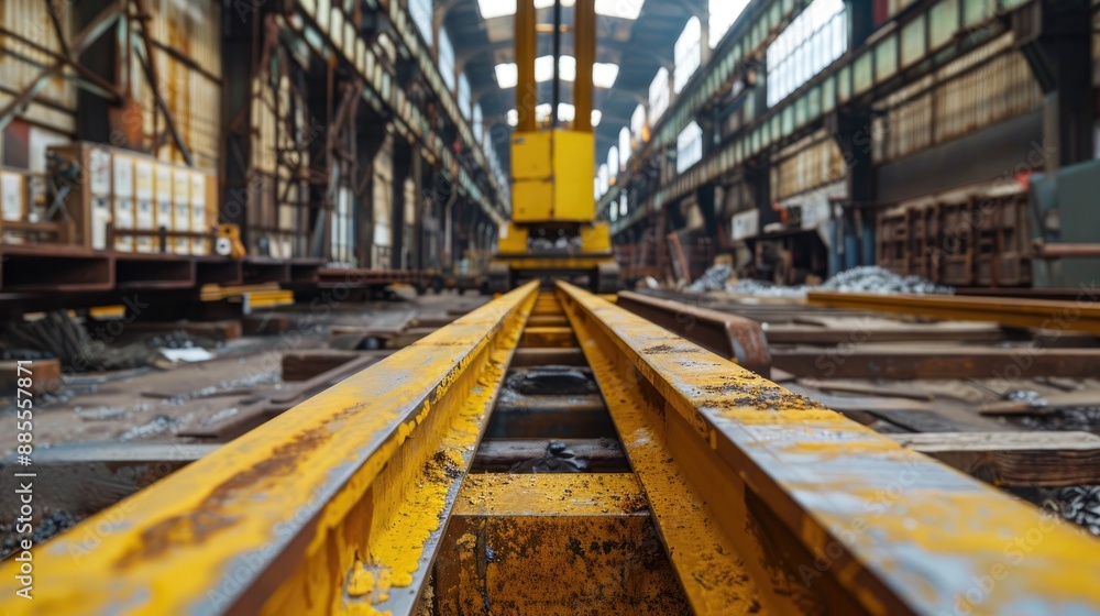 Selective focus on yellow metal cargo beam with crane in industrial steel production workshop Selective focus on yellow metal cargo beam with crane in industrial steel production workshop