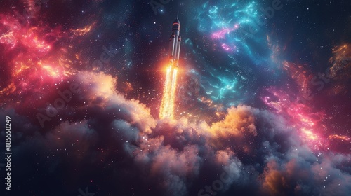 A Cosmic Ballet: A Rocket Ascends Through a Starry Night Sky, Igniting the Clouds With Fire. Generative AI