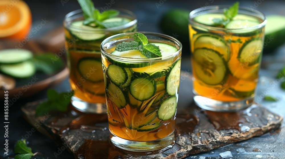 Refreshing Cucumber and Mint Infused Water in Glass Tumblers. Generative AI Refreshing Cucumber and Mint Infused Water in Glass Tumblers. Generative AI