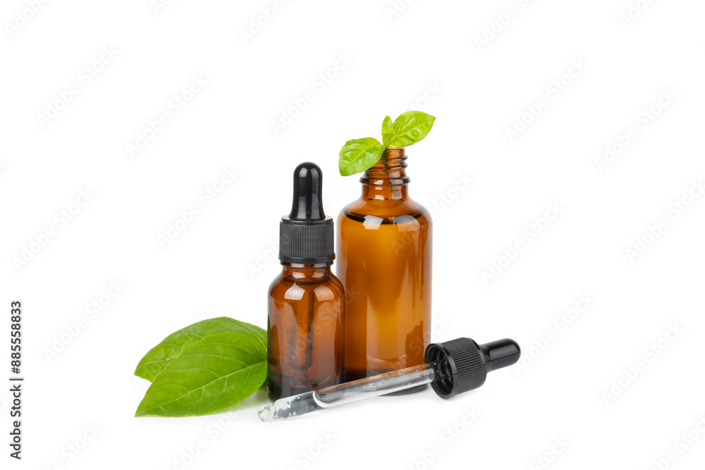 Basil essential oil isolated on white background. Basil essential oil and fresh leaves. Aromatherapy. Aroma oil. Medical herbs. Alternative medicine. Place for text. Copy space. Basil essential oil isolated on white background. Basil essential oil and fresh leaves. Aromatherapy. Aroma oil. Medical herbs. Alternative medicine. Place for text. Copy space.
