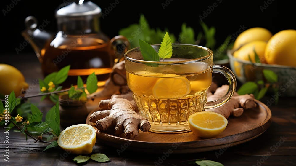 Ginger tea with lemon and honey on a wooden table 