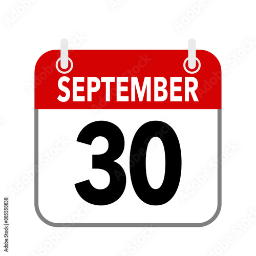 30 September, calendar date icon on white background