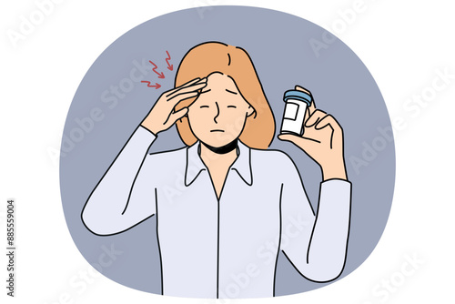 Woman suffers from headache and demonstrates package of medicines to cope with migraine. Girl with migraine or dizziness needs help of pharmacist and doctor due to termination of pills