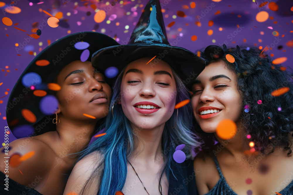 three diverse young women in witch costumes celebrating with vibrant purple and orange confetti, halloween party three diverse young women in witch costumes celebrating with vibrant purple and orange confetti, halloween party