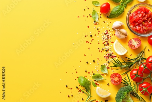 Fototapeta Naklejka Na Ścianę i Meble -  Colorful array of fresh vegetables and spices on vibrant yellow background