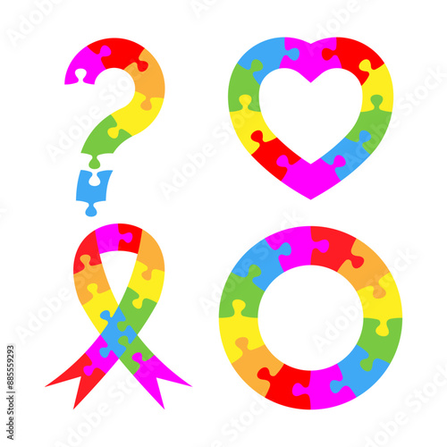 Autism Awareness Day. Set of design elements. Colorful puzzle vector. Question mark, heart frame, ribbon and circle symbols.