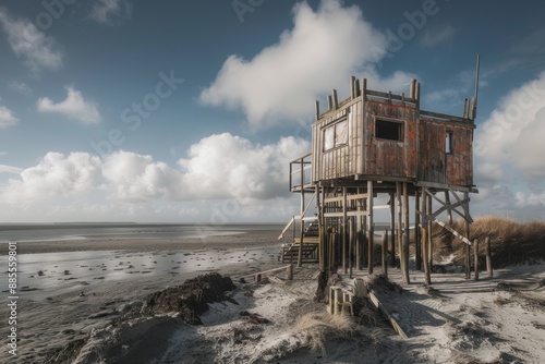 Iconic wooden structure on stilts, De Drenkelingenhuisje, on Terschelling beachfront, blending © markusmiller