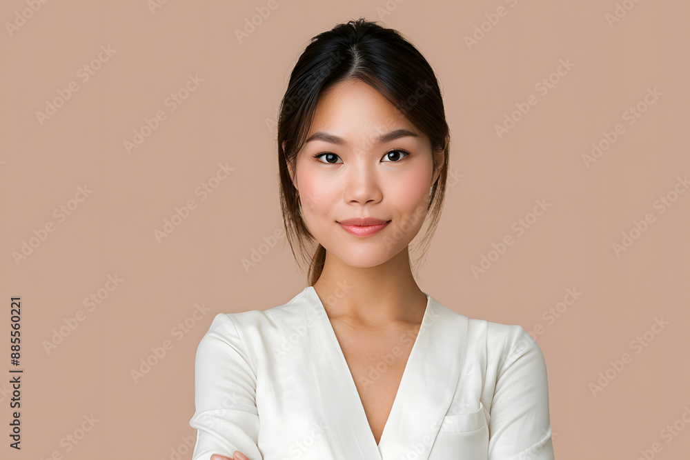 An Asian businesswoman in her 40s posing against a plain background in corporate attire An Asian businesswoman in her 40s posing against a plain background in corporate attire
