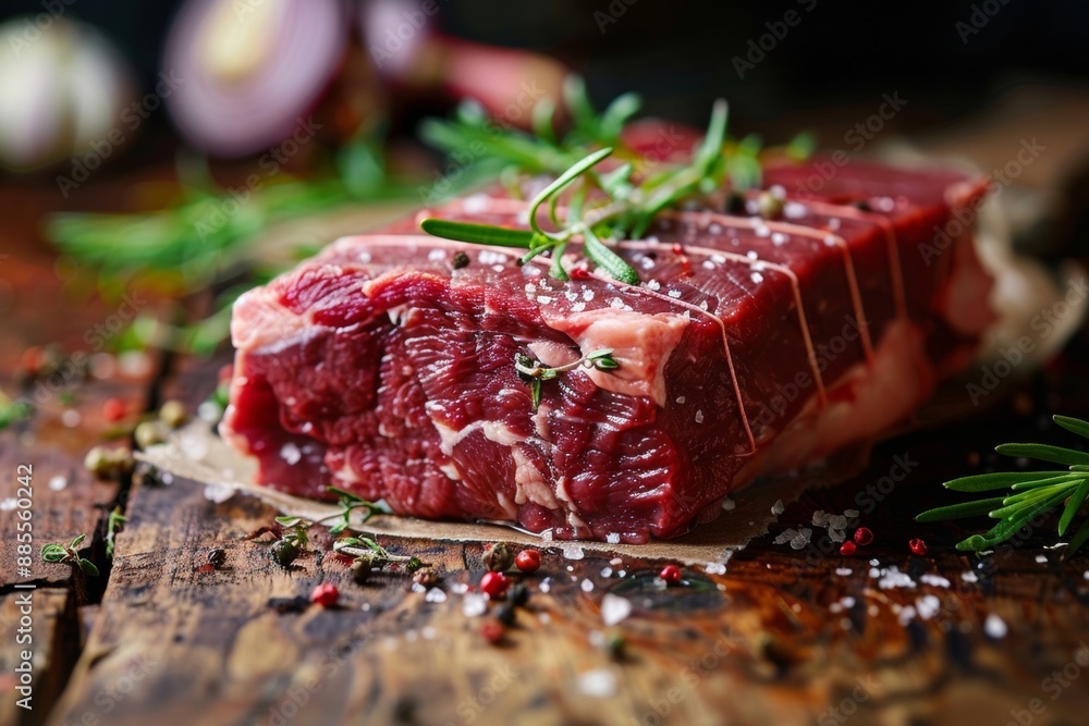 Raw beef meat on wooden table, rich details highlighted, inviting appreciation for natural cooking Raw beef meat on wooden table, rich details highlighted, inviting appreciation for natural cooking