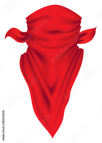 Red realistic bandana on neck. Youth fashion neck scarf or cowboy garment element template. Biker face scarf, bandanna neck shawl. Blank handkerchief unisex uniform. Western clothes