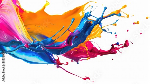 A bold paint splash with multiple colors intertwining and forming abstract shapes, set against a stark white background.