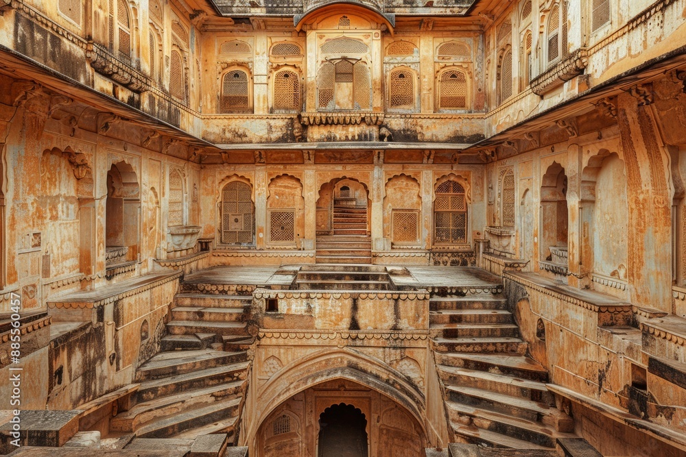 Fototapeta premium Stunning step well in Jaipur, India, with elaborate staircases and ornate carvings, evoking wonder