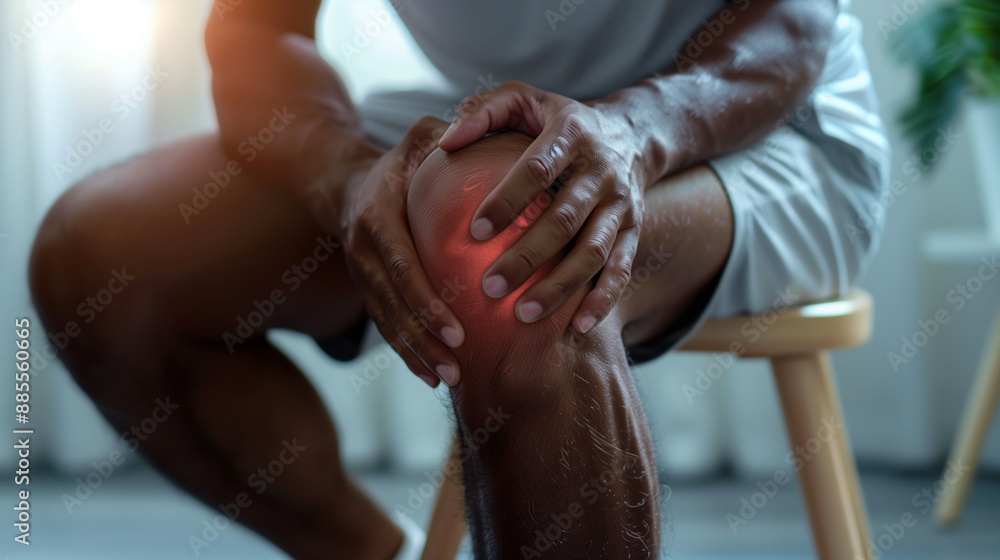 Obraz premium A man clutching his knee, highlighting inflammation and discomfort. The image captures the pain associated with conditions like arthritis or injury.
