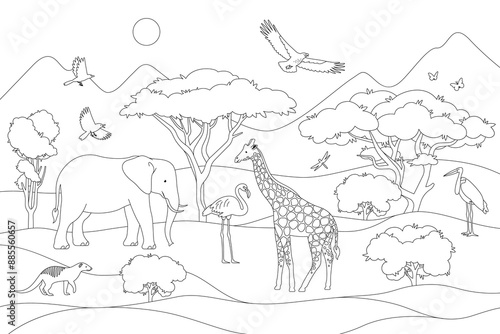 African animals landscape coloring page. Line art illustration. Nature of africa wildlife. Not merged, separate elements.
