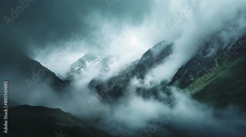 peaceful dark clouds and cozy mountain landscape