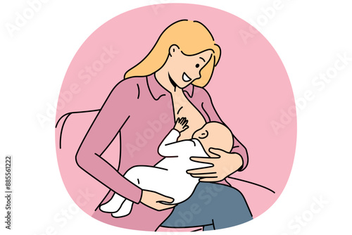 Woman breastfeeds infant and smiles, experiencing joy of motherhood after birth of first child. Happy mom sits on couch and breastfeeds baby, for concept of giving up artificial baby food