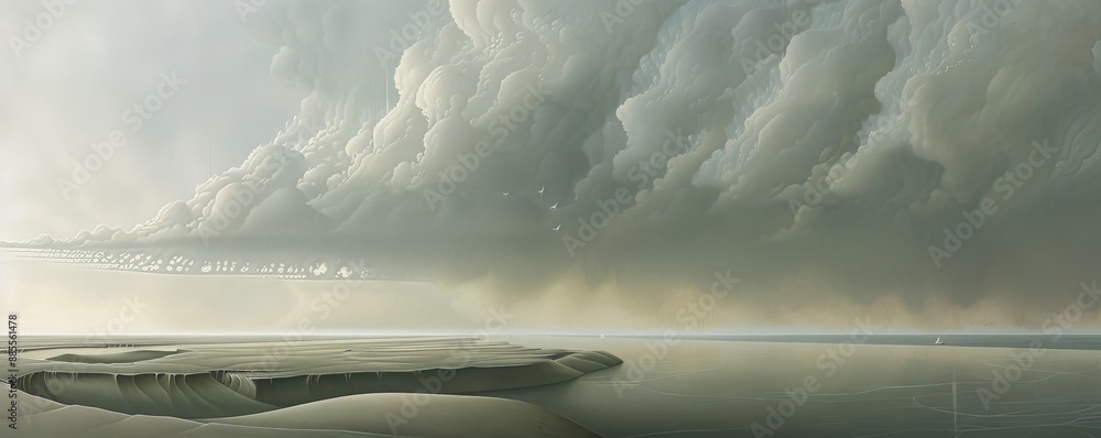 Dramatic sky over a calm, misty water with a small island. Dramatic sky over a calm, misty water with a small island.