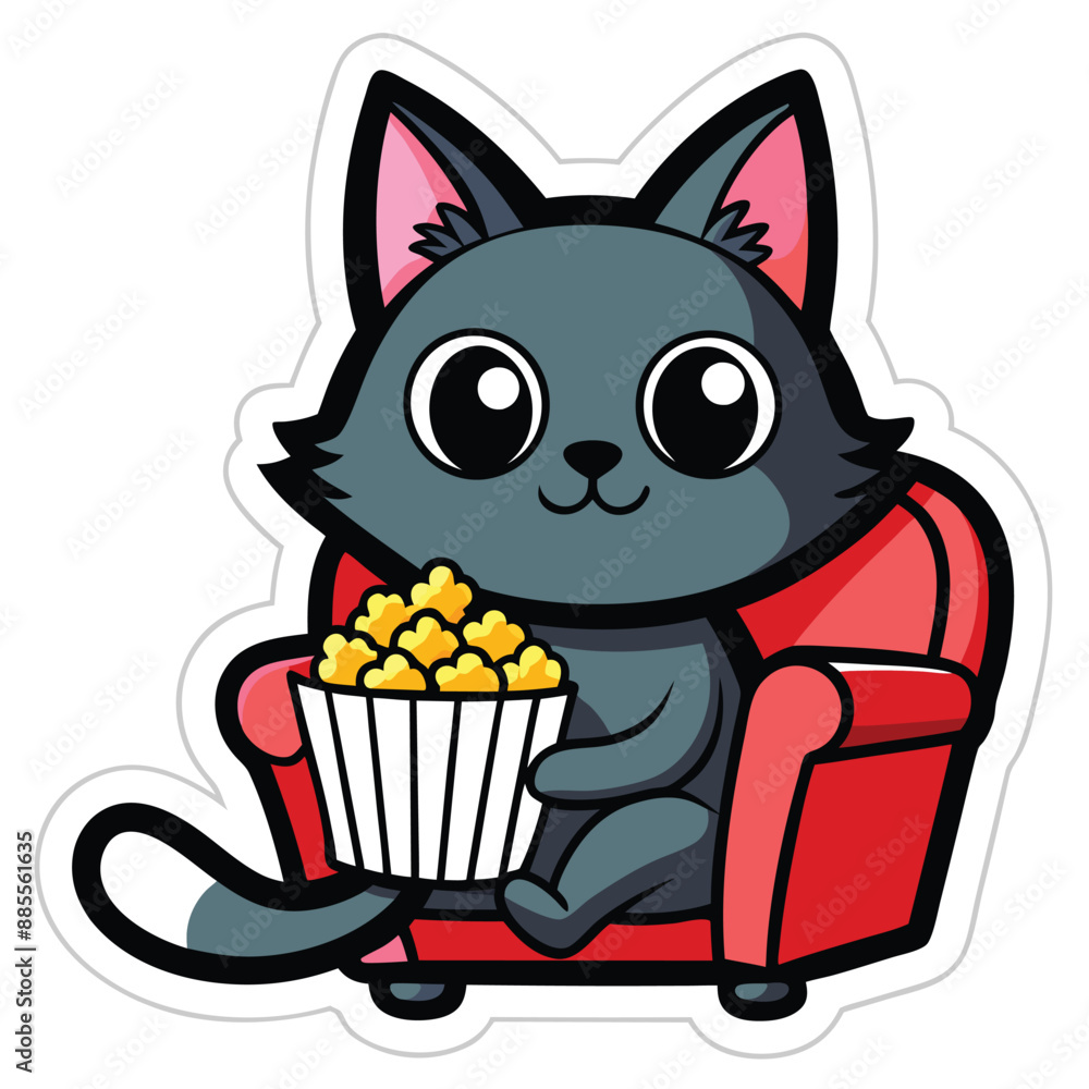 Fototapeta premium a cute cat sitting on a sofa holding a popcorn in solid background.