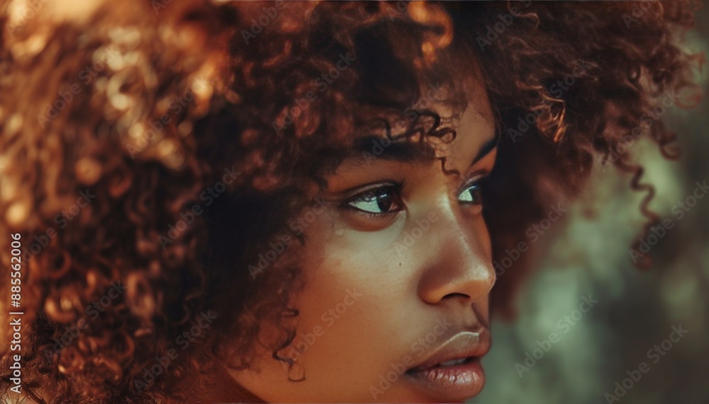 Emphasizing intricate detail and richness, close-up views of Afro hair showcase curls against Emphasizing intricate detail and richness, close-up views of Afro hair showcase curls against