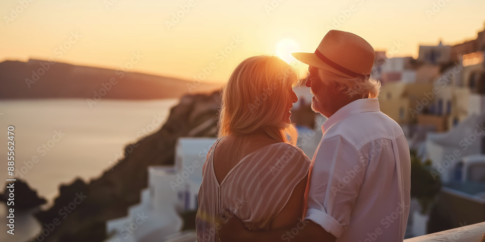 Fototapeta premium Elderly Couple Embracing at Sunset with Scenic Coastal View in Background