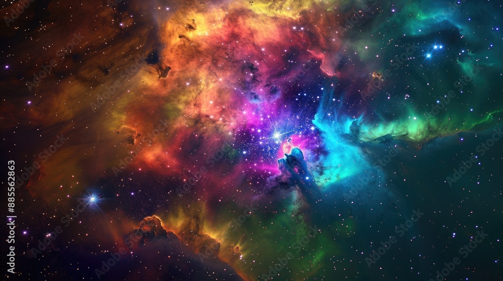 Fototapeta premium A breathtaking view of a colorful galaxy cloud nebula with vibrant hues, surrounded by twinkling stars in the vast cosmos.