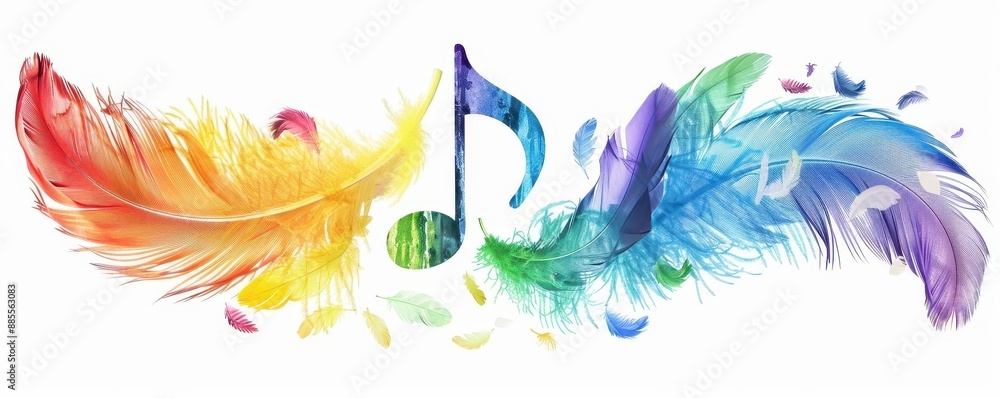 Fototapeta premium Music note made of rainbowcolored feathers, music note, colorful sound inspiration