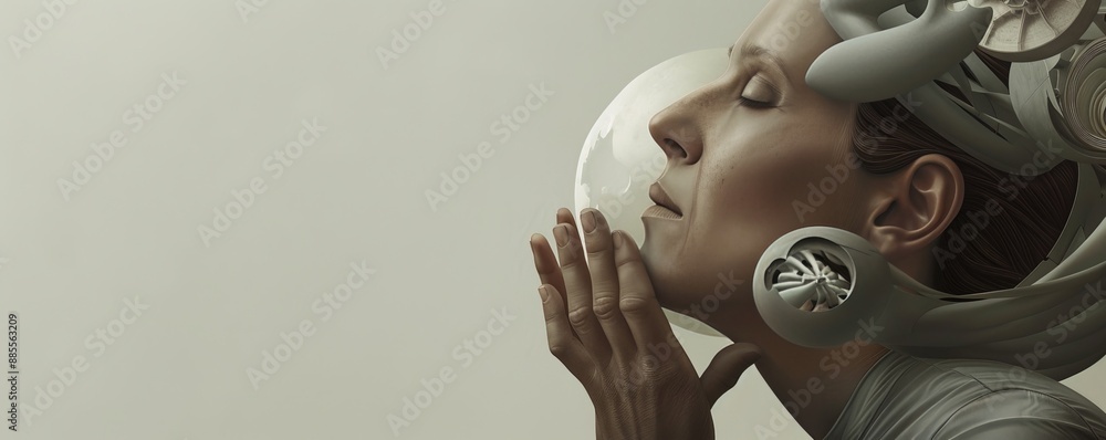 Woman with closed eyes and hands raised, surrounded by abstract shapes. Woman with closed eyes and hands raised, surrounded by abstract shapes.