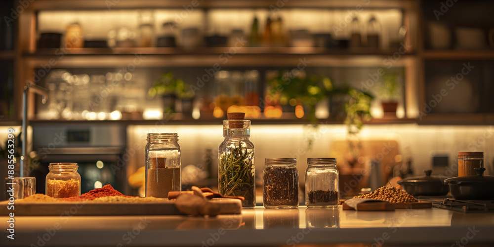 Rustic Kitchen Scene with Assorted Spices and Herbs in Glass Jars on a Wooden Shelf Rustic Kitchen Scene with Assorted Spices and Herbs in Glass Jars on a Wooden Shelf