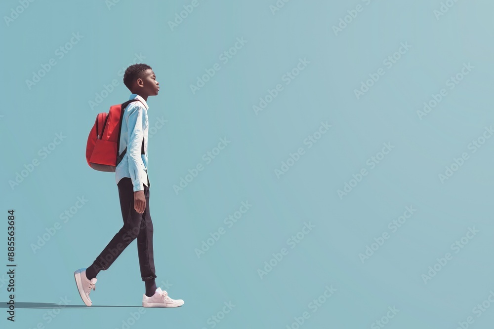African American teen boy wears casual school uniform with red backpack on sidewalk. He walks towards calm blue sky with fluffy clouds. The scene captures energetic movement and serene backdrop. African American teen boy wears casual school uniform with red backpack on sidewalk. He walks towards calm blue sky with fluffy clouds. The scene captures energetic movement and serene backdrop.
