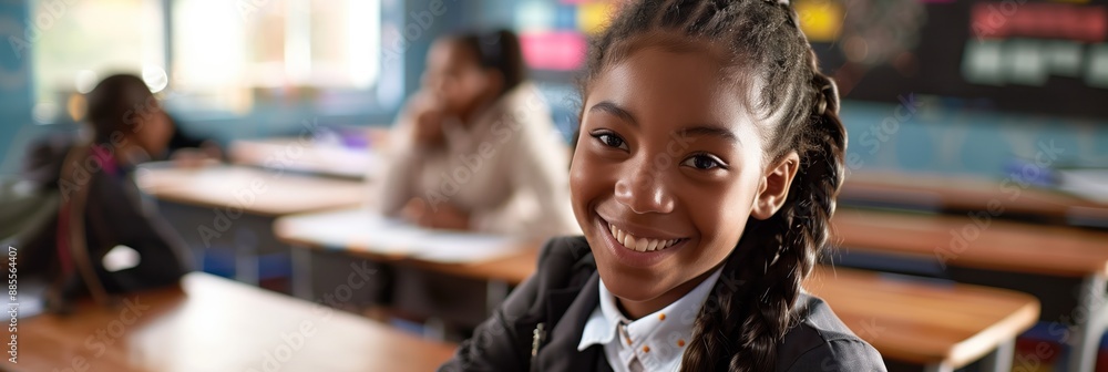 African American teenage girl sits at desk in classroom with natural ...