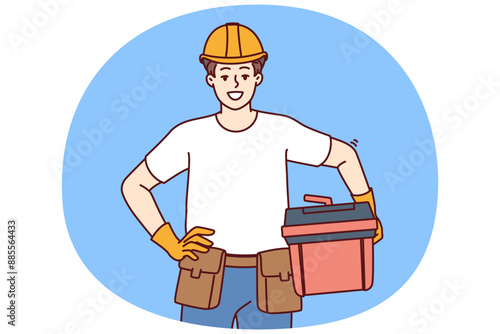 Male foreman holds case of working tools for furniture repair or plumbing work and looks at screen with smile. Guy in helmet of builder works as foreman or builder providing professional services