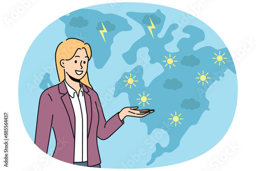 Synoptic woman gives weather forecast, participating in TV show after evening news release and talks about imminent warming. Girl synoptic speaking at television reminds of climate change