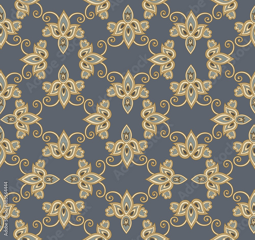 Arabesque floral seamless pattern. Flourish ornamental texture in classical interior decor style. Floral tile background. Fantastic flowers and leaves. Wonderland motives of stylish damask patterns.