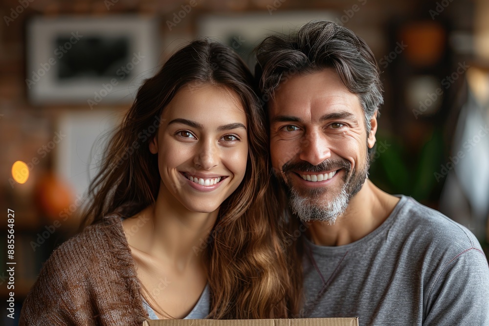 Happy couple unboxing a delivery package Happy couple unboxing a delivery package