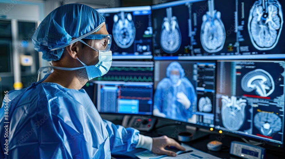 A physician examines MRI images of a patient's brain. Instrumental diagnosis of diseases of the nervous system organs. An experienced specialist at work. Illustration for cover, brochure, advertising. A physician examines MRI images of a patient's brain. Instrumental diagnosis of diseases of the nervous system organs. An experienced specialist at work. Illustration for cover, brochure, advertising.