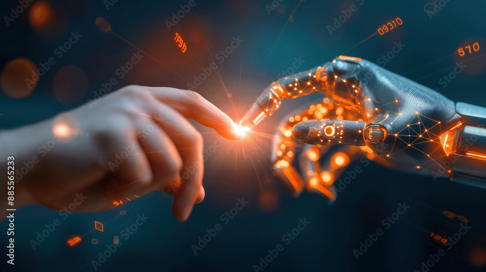 Human Hand Touching Robotic Hand with Orange Light Sparks in a Futuristic Conceptual Image Human Hand Touching Robotic Hand with Orange Light Sparks in a Futuristic Conceptual Image