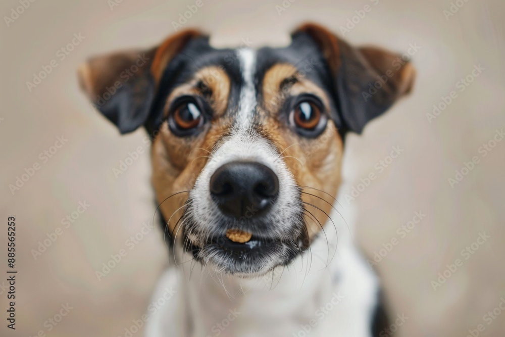 Adorable dog balancing kibble on its nose, staring intently at the camera Adorable dog balancing kibble on its nose, staring intently at the camera