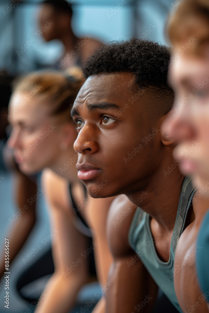 Focused Young Athletes Preparing to Race in Track and Field Competition Focused Young Athletes Preparing to Race in Track and Field Competition