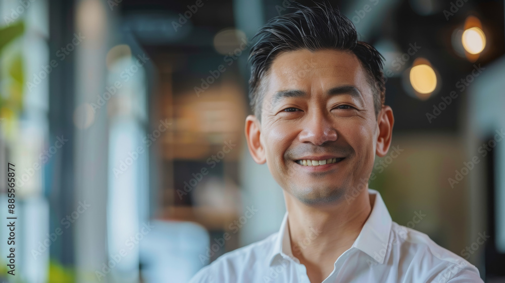 Asian man in a white shirt smiles warmly in a modern, bright office setting. The background shows a blurred image of office space with lights, professional and friendly work environment Asian man in a white shirt smiles warmly in a modern, bright office setting. The background shows a blurred image of office space with lights, professional and friendly work environment